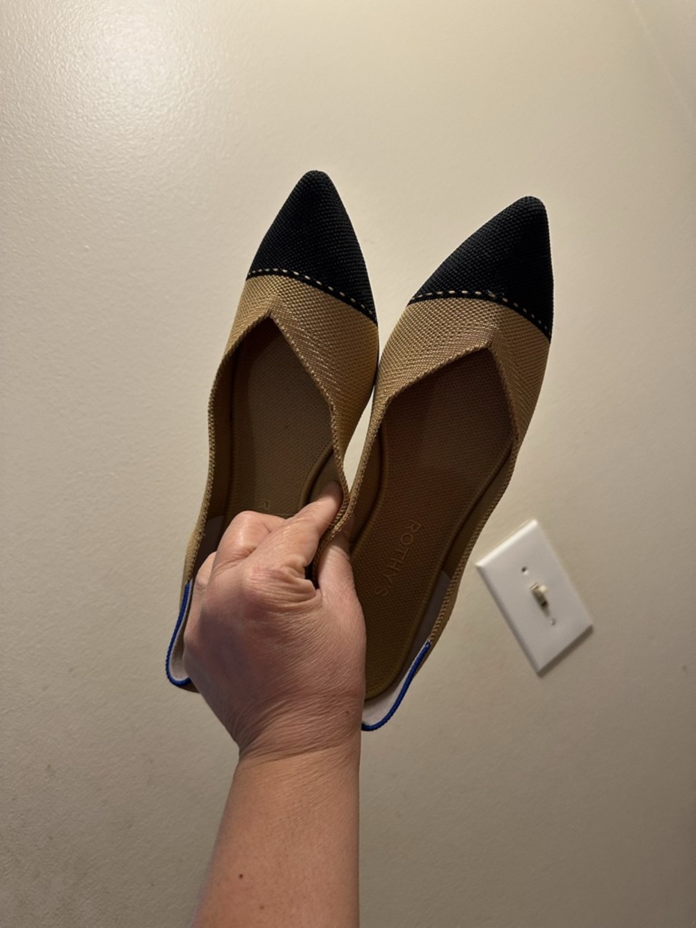 Rothy's Two-Tone Pointed Slingback Flats in Black & Tan